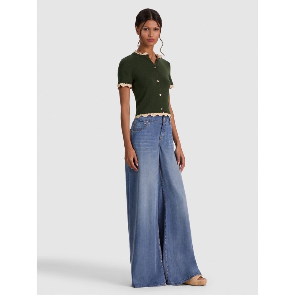 NEW Alice + Olivia CIARA LACE TRIM Short-Sleeve CARDIGAN DARK FERN/Olive green,S